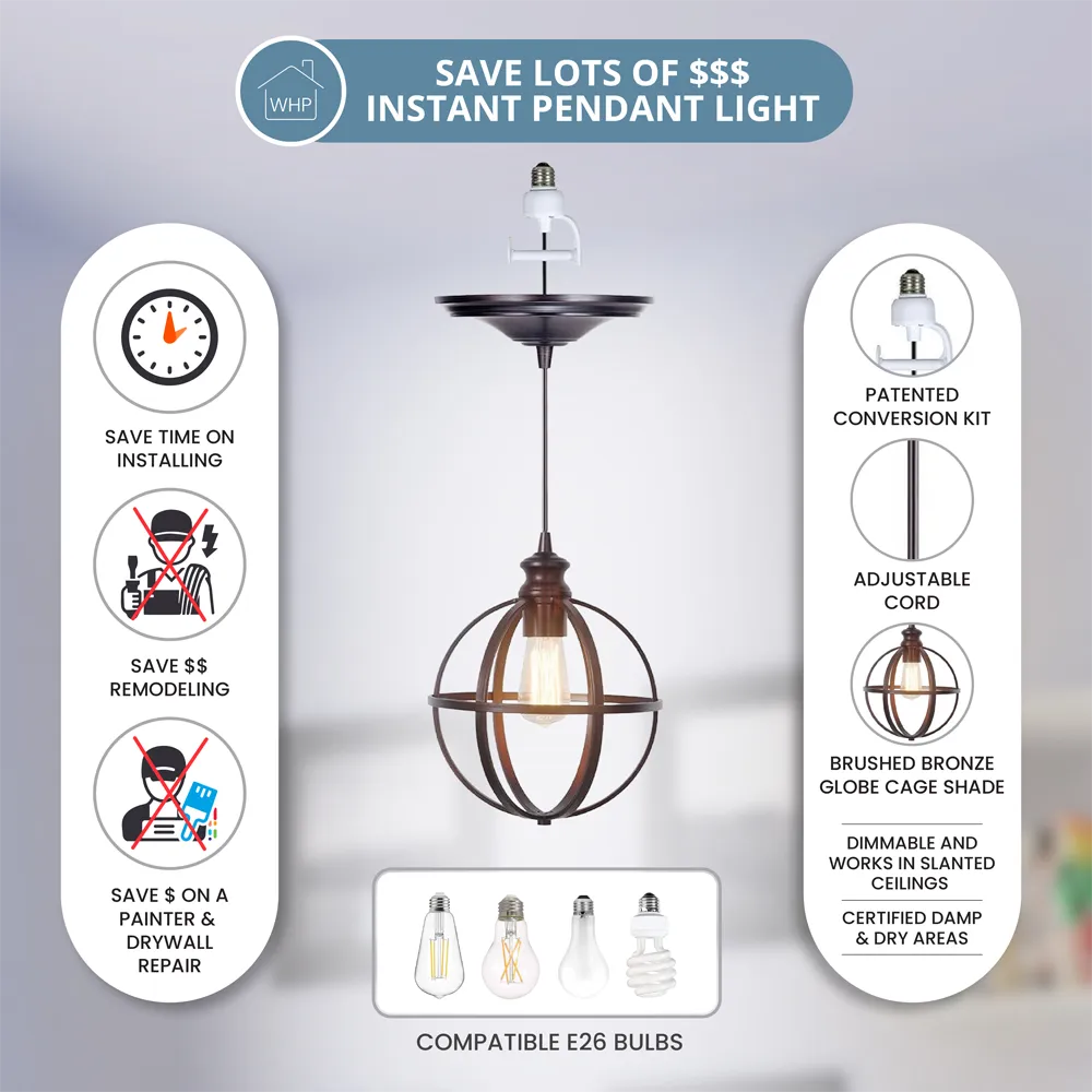 Bronze 10" Metal Globe Cage Instant Pendant Recessed Can Conversion Kit
