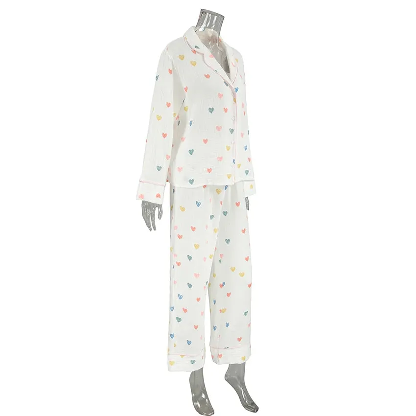Heart Print Cotton Pajama Set Notch Collar 2-Piece Loungewear