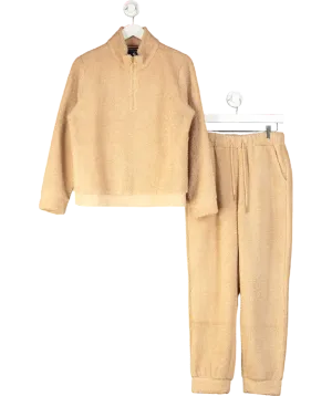 Laines London Beige Teddy Fleece 2-piece Lounge Set UK S
