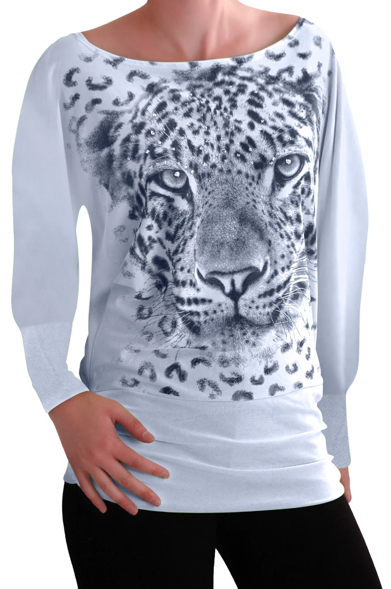 Long Sleeve Boat Neck Tiger Print Blouse