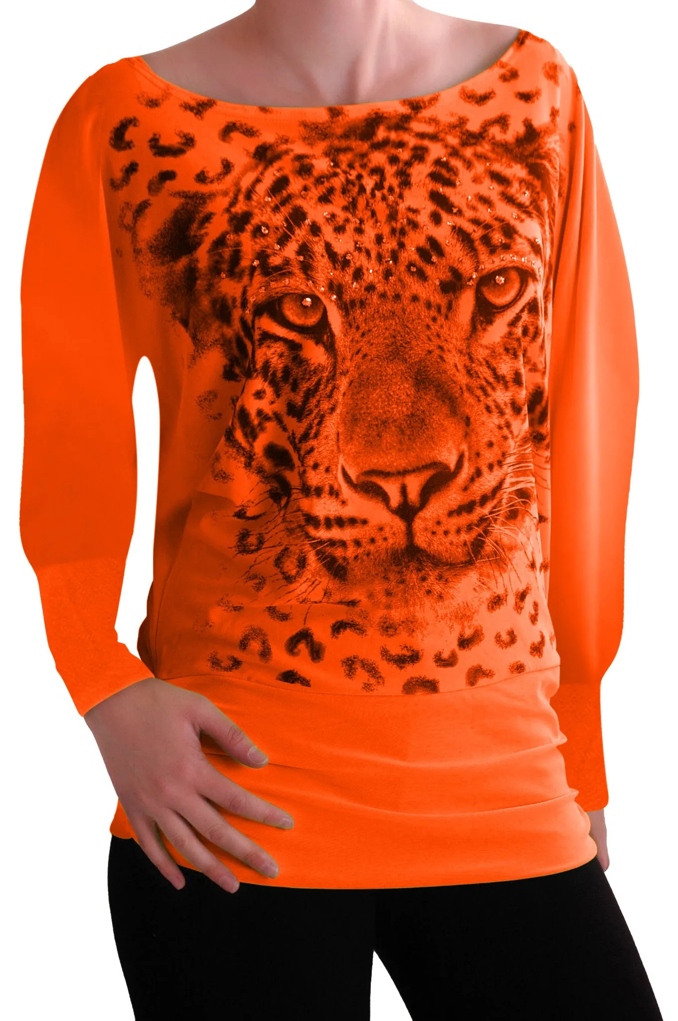 Long Sleeve Boat Neck Tiger Print Blouse