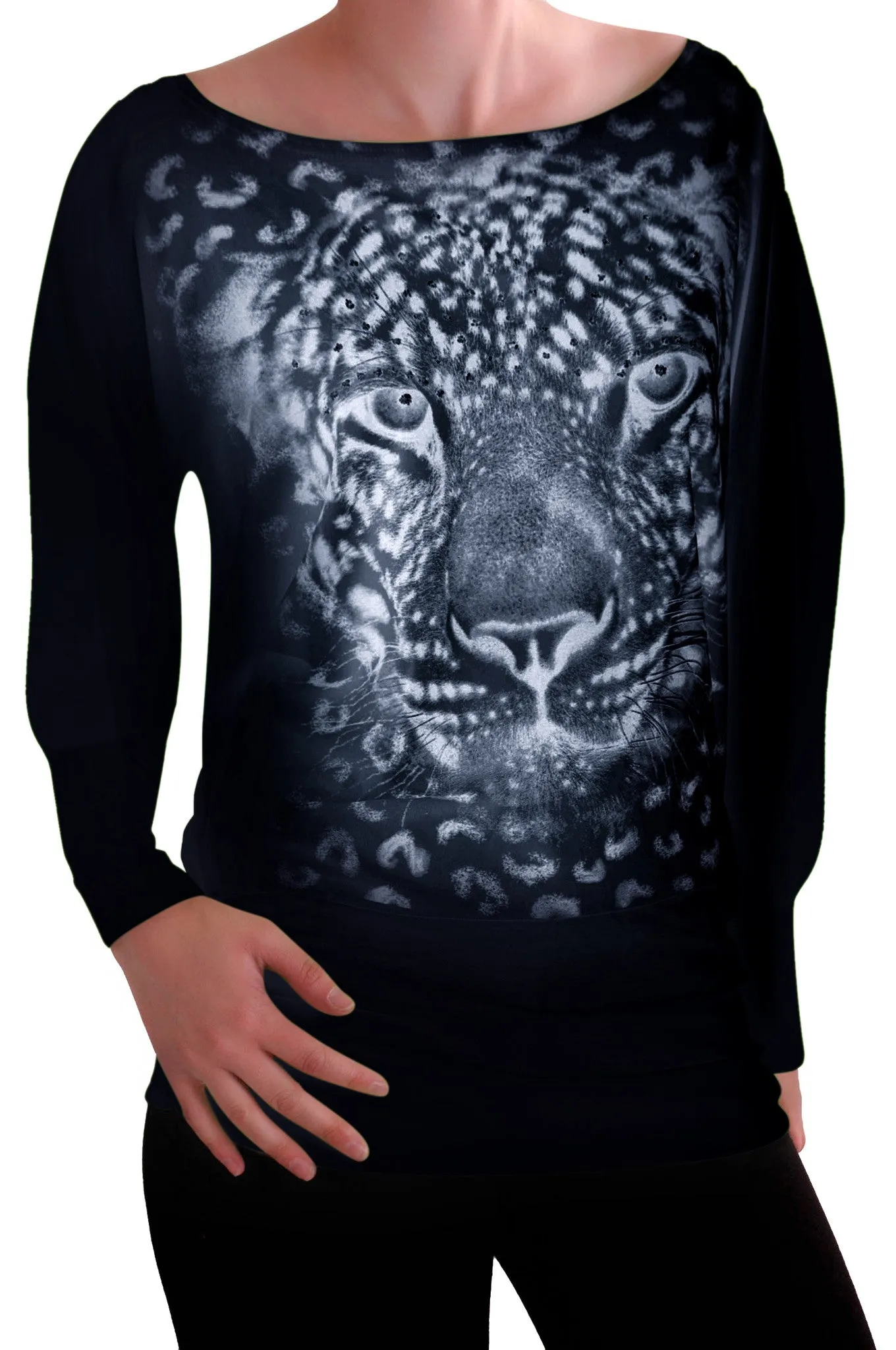 Long Sleeve Boat Neck Tiger Print Blouse
