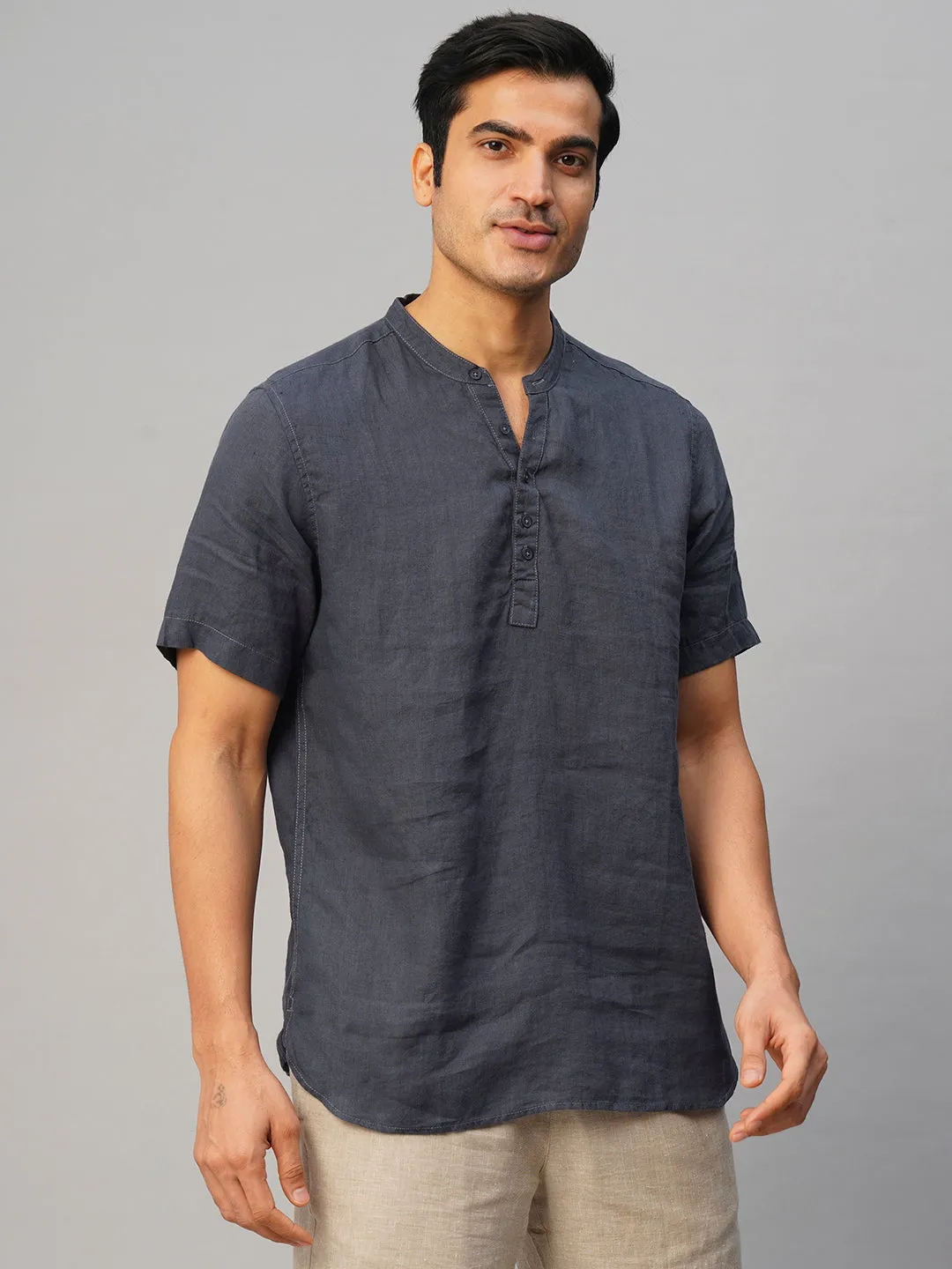 Men's Navy 100% Linen Slim Fit Shirt