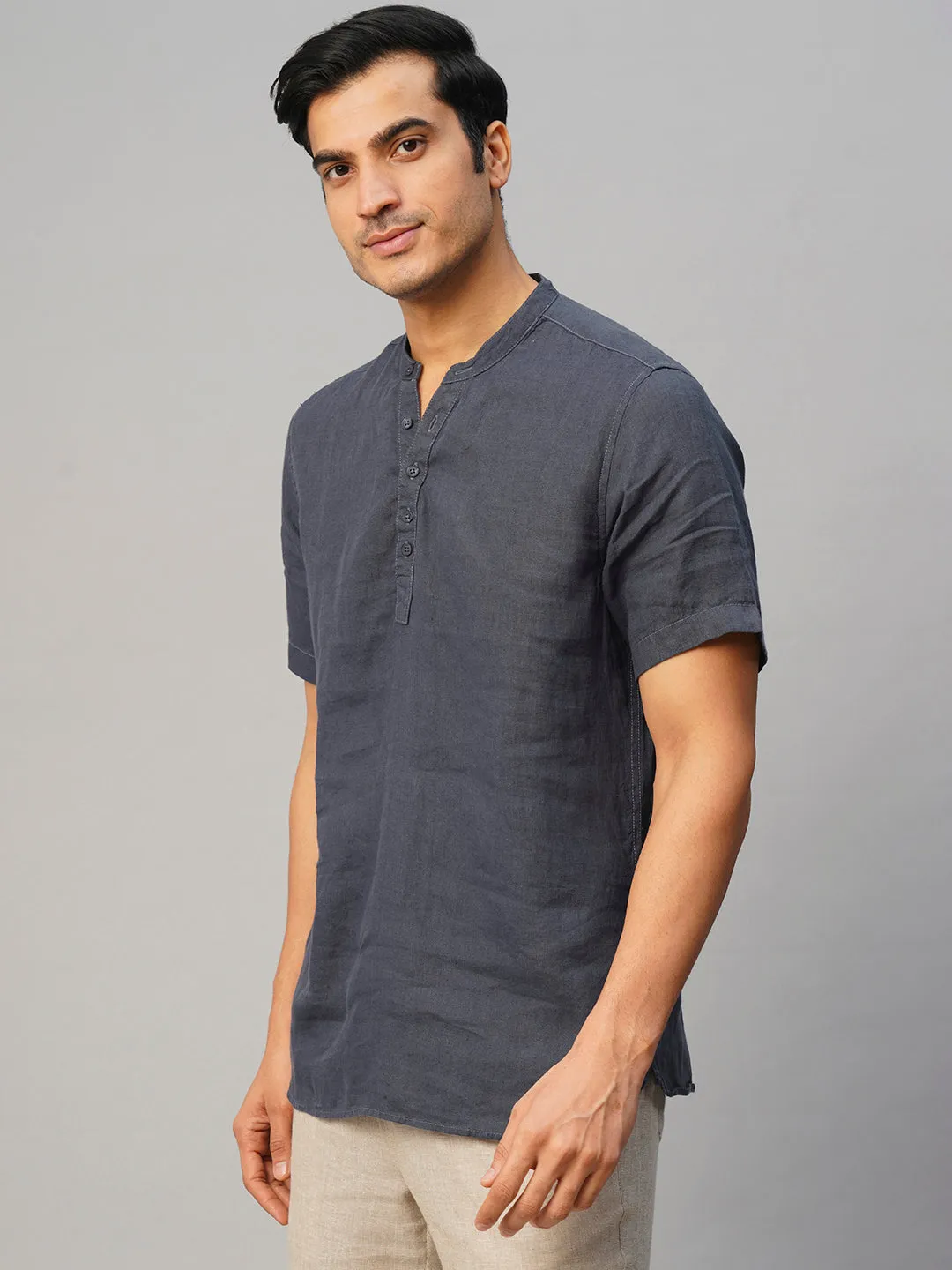 Men's Navy 100% Linen Slim Fit Shirt