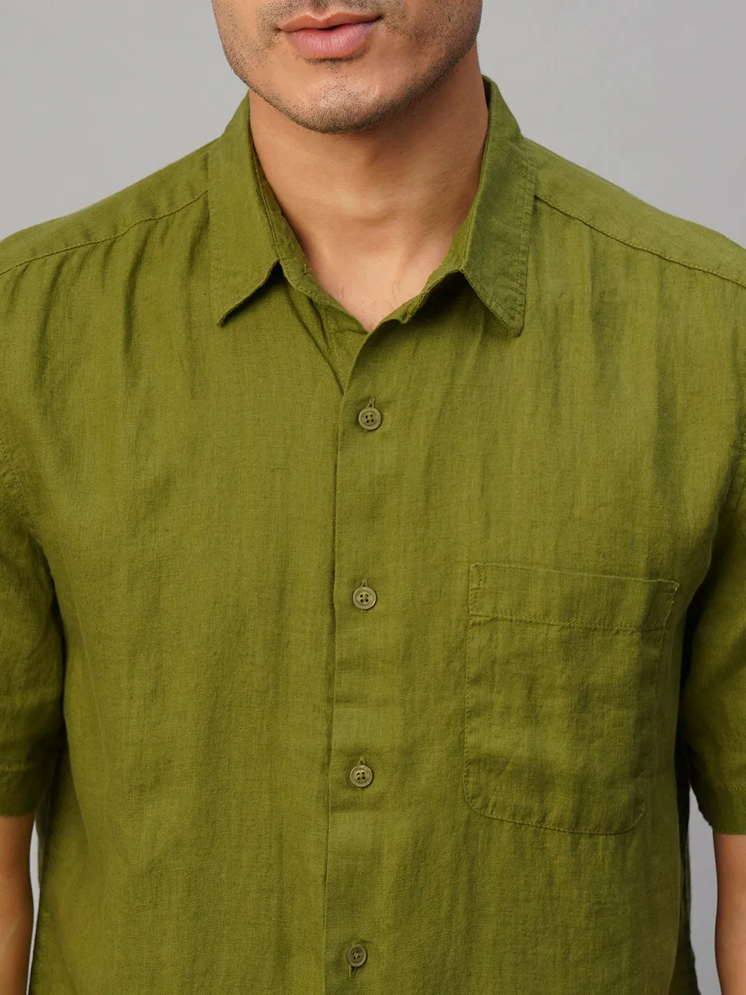 Men's Olive 100% Linen Regular Fit Shirt