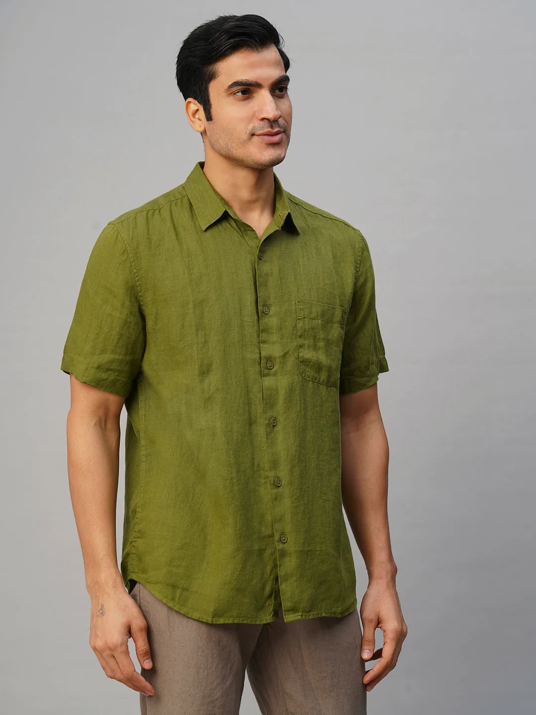 Men's Olive 100% Linen Regular Fit Shirt
