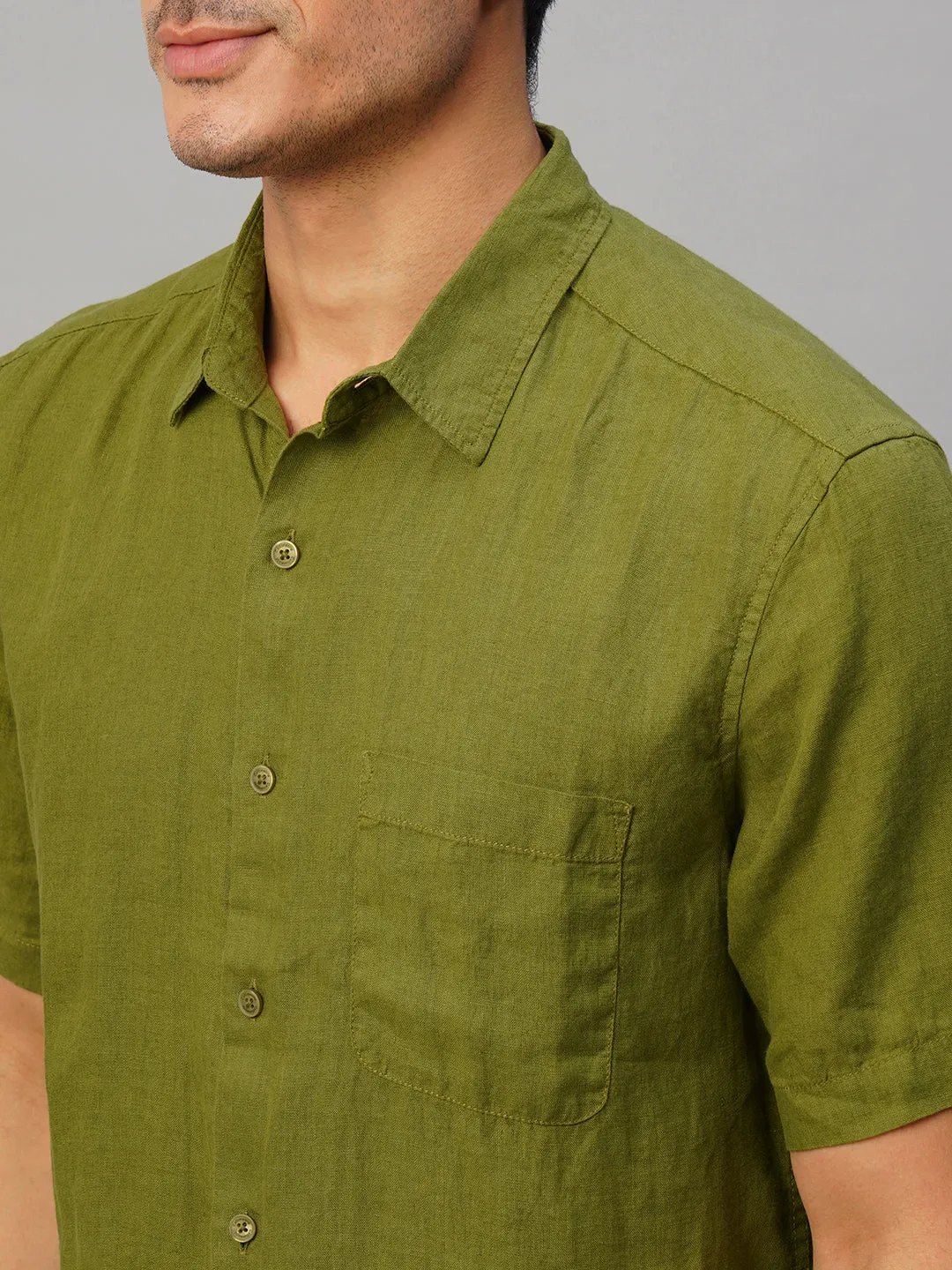 Men's Olive 100% Linen Regular Fit Shirt