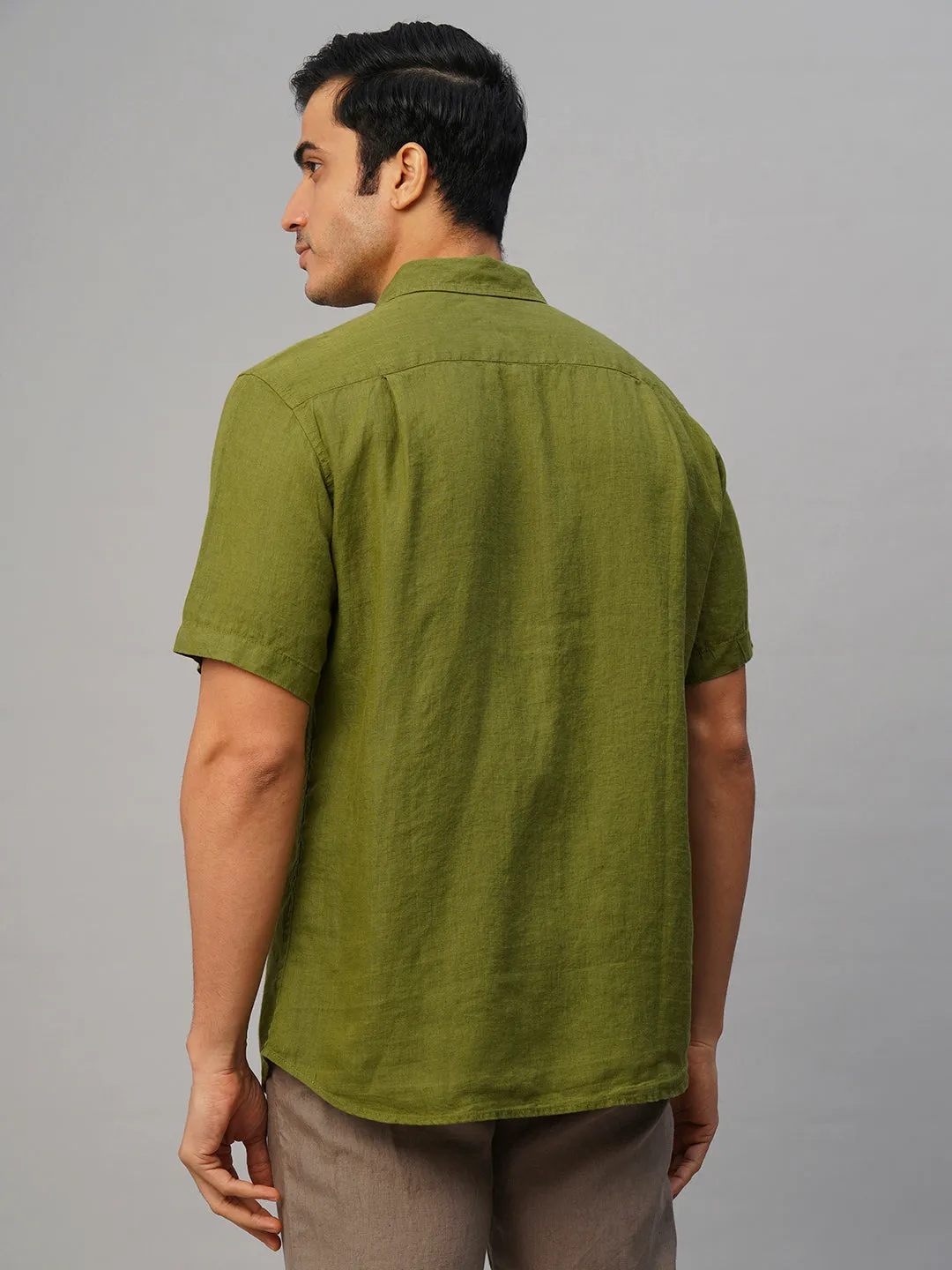 Men's Olive 100% Linen Regular Fit Shirt